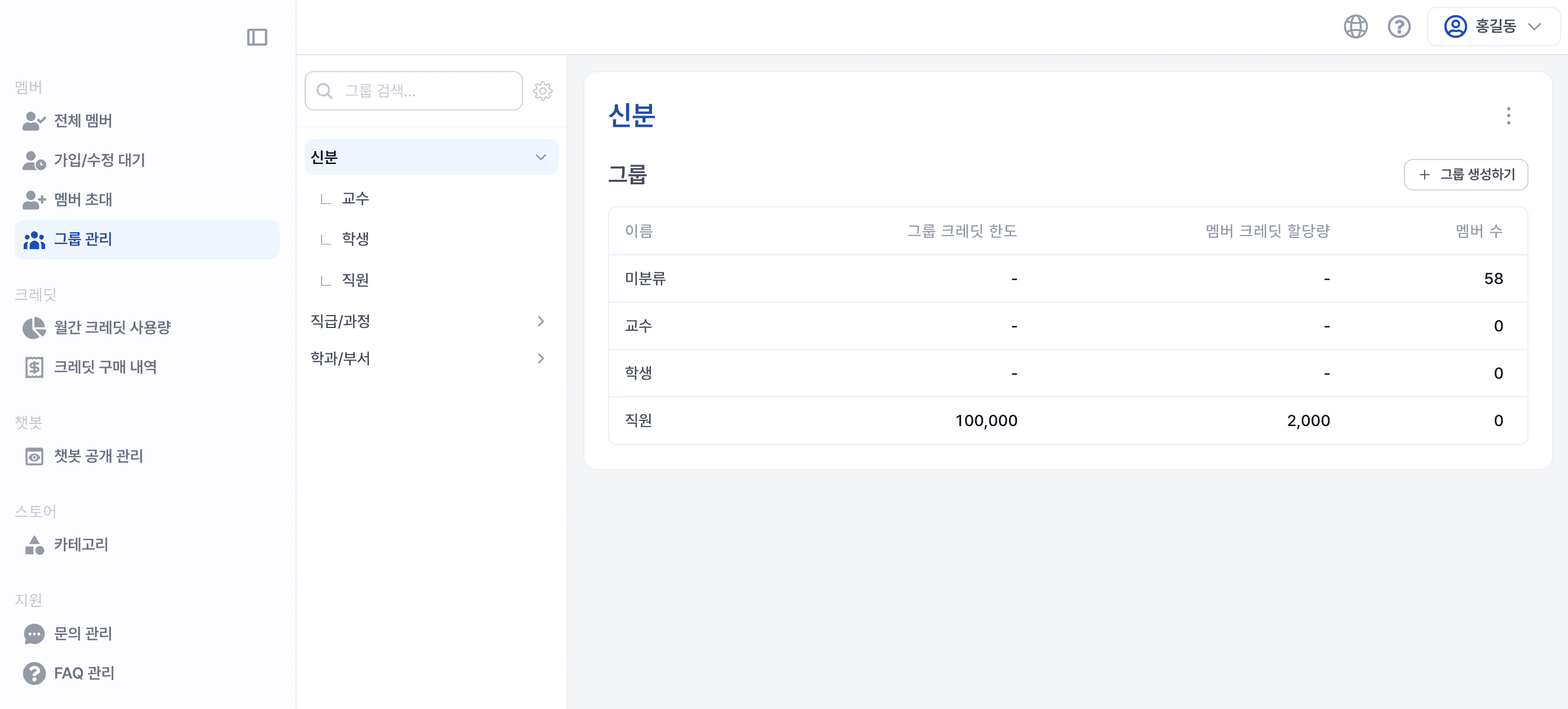 그룹 관리 페이지